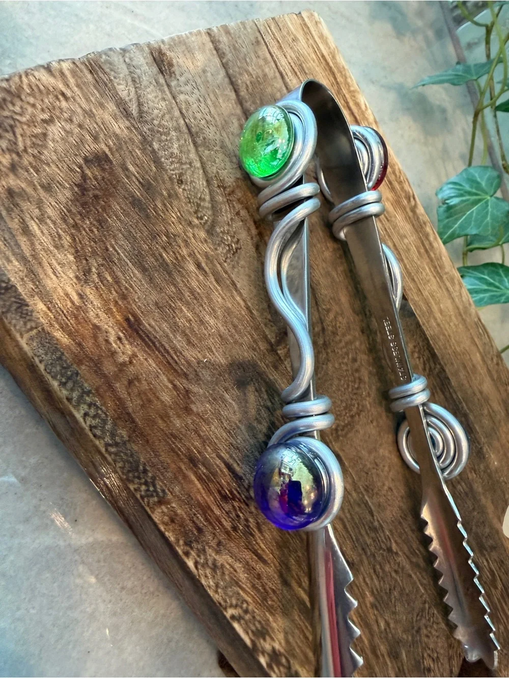 Handcrafted Wire-Wrapped Jeweled Glass Ice Bucket Set with Matching Tongs